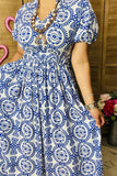 BQ15873 Blue circle graphic printed short sleeve women dress w/side pockets &waist elastic band