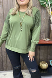 GJQ15536 Green solid color w/green lace tighten cuff long bottom sleeve side split front short/back more long women tops