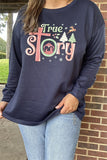 XCH15762 "True story"words printed Christmas holiday graphic long sleeve women black tops