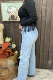 S008 Big hole on the knee washing white jean fabric straight style women pants