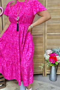GJQ15908 Fuchsia leopard printed short sleeve w/ruffle women fuchsia dress