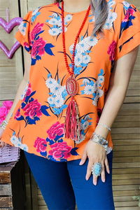 GJQ15656 Floral multi color printed short sleeve/double ruffle women orange tops