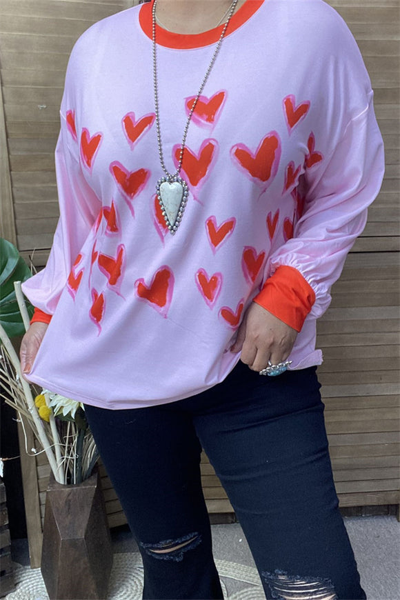 XCH14714 Red hearts printed long sleeve pink women tops/blouse