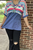 GJQ9673-3 Bull/Aztec& Blue block solid color printed short sleeve women top