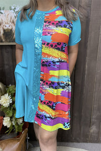 GJQ15176 Blue & Sequin & Prints color block short sleeve women dress w/side pockets (BS13 )