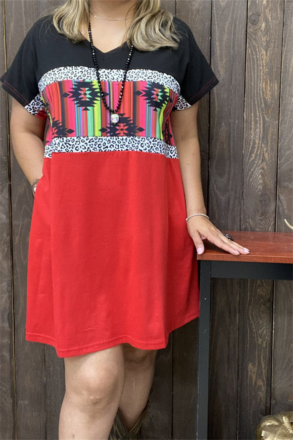 XCH15542 Serape&Aztec w/leopard multi color printed block red/black short sleeve w/side pockets women dress