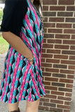 YMY15527 Turquoise&fuchsia color printed black short sleeve w/side pockets women dresses