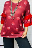 YMY9810-2 Burgundy  polka dot printed blouse with red double ruffle 3/4 sleeve for women (FS11)