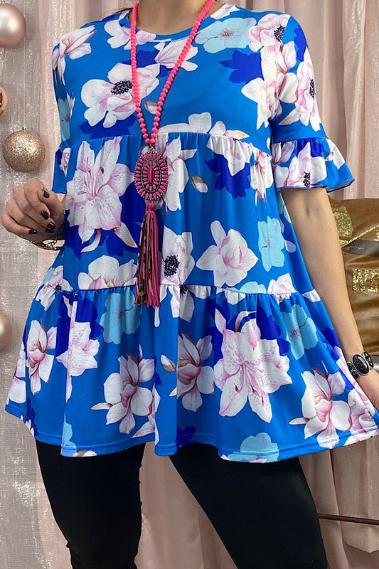GJQ11893 Floral printed blue fabric short ruffle sleeve baby doll women blouse wholesale (BW)