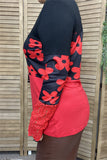 BQ15286 Floral printed block red/black color w/buckle lace long sleeve women tops