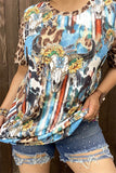 XCH12468 Bull skull & sunflower multi color printed leopard short sleeve women tops IS21