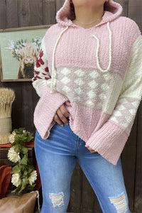 MY15306 Pink block rust red printed  knitted fabric women sweater loose long sleeve w/long string hoodie