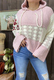 MY15306 Pink block rust red printed  knitted fabric women sweater loose long sleeve w/long string hoodie