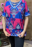 XCH15899 Paisley graphic multi color printed short sleeve V-neckline w/cross straps women tops