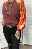 SP7924 W/orange tie dye printed bubble long sleeves w/tighten cuff burgundy women top w/raglan design(FS12)