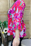 GJQ15810 Turquoise&fuchsia multi color printed 3/4 sleeve w/ruffle women tops w/v-neckline