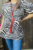 GJQ15742 Black zebra printed bubble short sleeve women tops