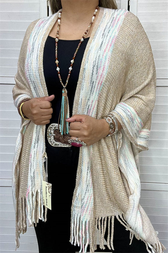 TTY11095 Beige & multi color shawl w/tassels for women