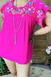 PA15539 Multi color embroidery short sleeve women fuchsia blouse/tops w/string