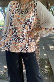 XCH15453 Leopard printed 3/4 loose beige color sleeve/ruffle trim women tops