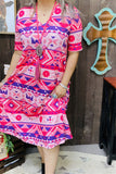 GJQ15744 Purple/fuchsia/pink Aztec multi color printed short sleeve women dress w/side pockets