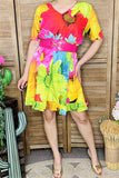 GJQ15888 Colorful big floral printed short sleeve women dress w/side pockets &elastic waist band