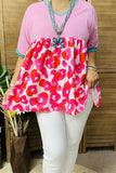 XCH14773 Fuchsia Leopard printed pink color block short sleeve baby doll women blouse/top (DS6)