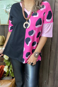 XCH14276 Half black/ pink leopard printed short sleeve drop shoulder women tops (ES1)