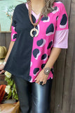 XCH14276 Half black/ pink leopard printed short sleeve drop shoulder women tops (ES1)