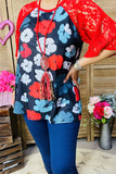 GJQ15398 Multi color floral printed red lace short sleeve w/raglan design women  tops