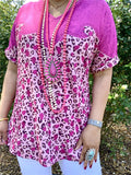 XCH14420 Leopard Multi color printed Fuchsia short sleeves women tops