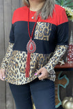 XCH15319 Leopard sequin red/black block solid color w/front pocket long sleeve women tops