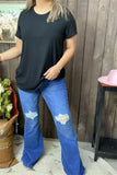 S011 Scratch hole on the knee blue straight w/bell bottom women jean/pants