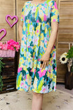 GJQ15229 Turquoise/D.green multi color printed short sleeve women dress w/elastic breast &side pockets