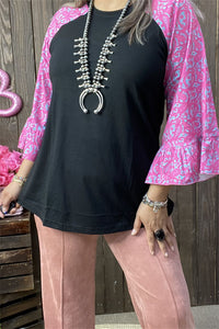 GJQ15595 Paisley Fuchsia&mint color printed 3/4 sleeve w/ruffle black women tops raglan design