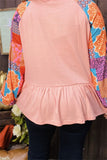 XCH15485 Floral multi color printed long sleeve pink solid color for body w/ruffle bottom women top raglan design