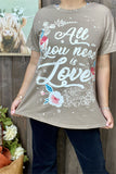 XCH14830 "ALL YOU NEED IS LOVE"words graphic printed tan fabric short sleeve women tops