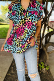 BQ15644 Multi color leopard printed double ruffle/black pompom short sleeve &ruffle neckline women tops w/string