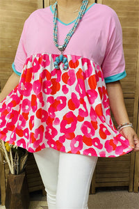 XCH14773 Fuchsia Leopard printed pink color block short sleeve baby doll women blouse/top (DS6)