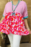 XCH14773 Fuchsia Leopard printed pink color block short sleeve baby doll women blouse/top (DS6)