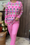 DLH15362 "Small people"printed long sleeve top &solid pink pants women pajamas sets