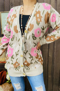 MY15297 Floral printed long sleeve/tighten cuff with buttons women sweater/cardigan with solid cuff