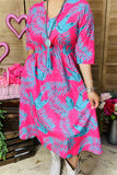 GJQ15990 Mint leaves printed the fuchsia women dress short sleeve w/side pockets &elastic waist band