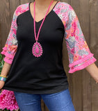 GJQ13900 Floral multi color printed w/tassel 3/4 sleeves black women tops