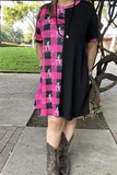 XCH14543 Half pink plaid & Cowboy horse rider black short sleeve women dress IS10