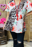 XCH12317 Floral & leopard multi color printed short sleeve women top