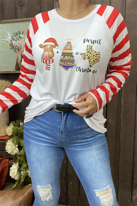 DLH8412  Perfect Christmas red striped long sleeve printed women t-shirt IS8