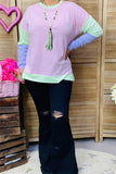 BQ15555 Mint/purple/pink solid color printed long sleeve women tops w/side splits FS4