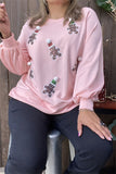 XCH15220 Santa Claus sequin patch in the baby pink bottom side split long sleeve women blouse