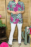 GJQ15598 Teal/fuchsia/black leopard printed short sleeve women tops w/v-neckline